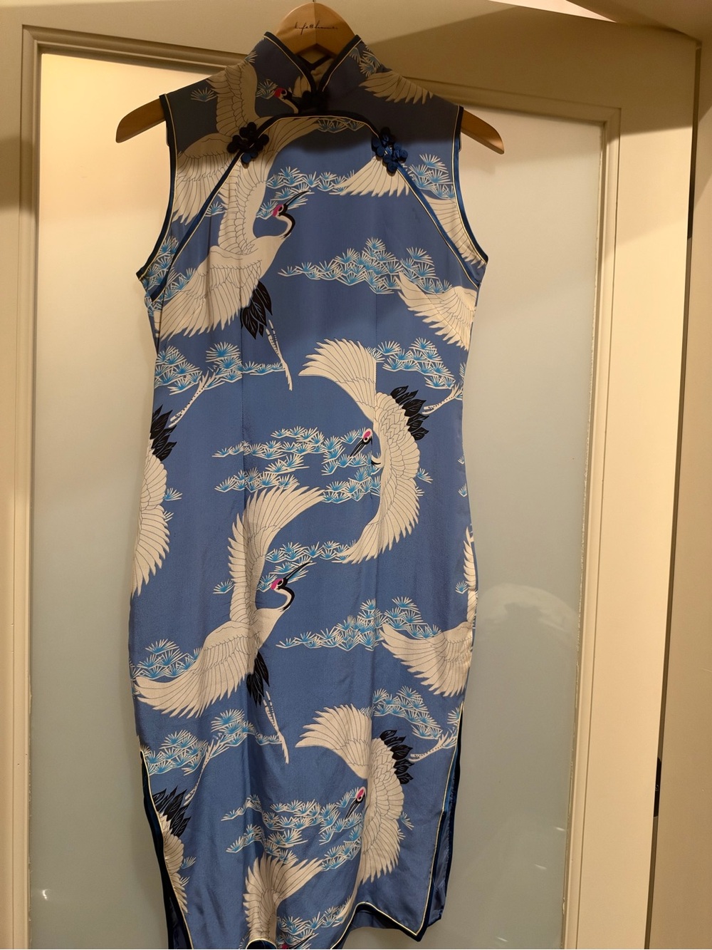 Avanti silk Sleeveless Crane Print Cheongsam Dress - Blue